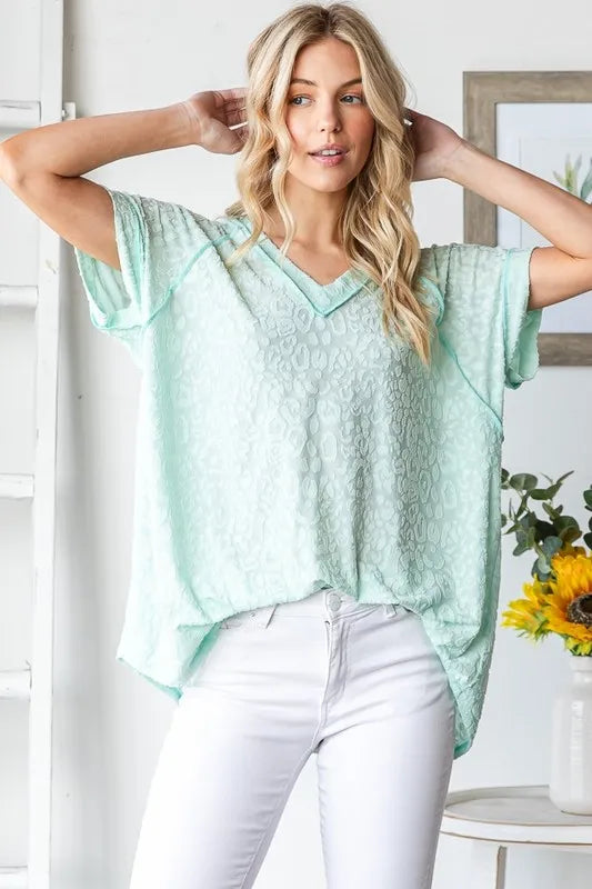 Heimish Full Size Exposed Seam V-Neck Short Sleeve Leopard Top Plus Size - LoveNest Treasures