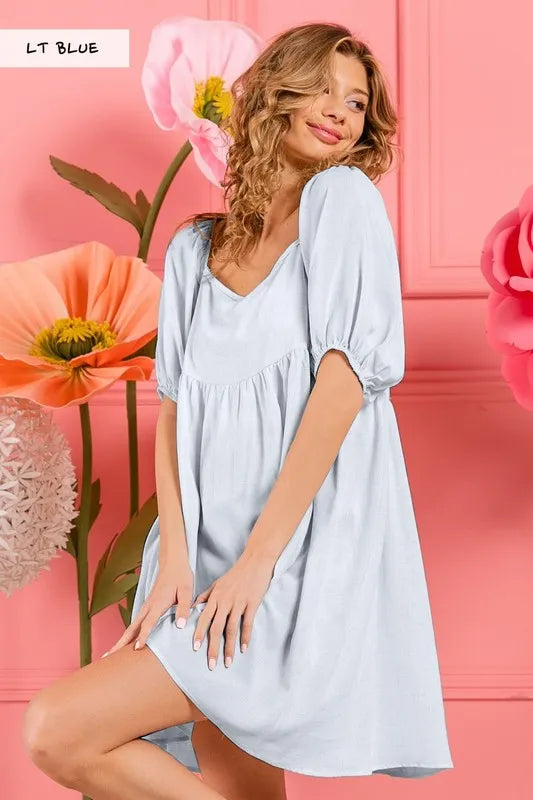 BiBi Washed Linen Tiered Midi Dress with Puff Sleeves - LoveNest Treasures