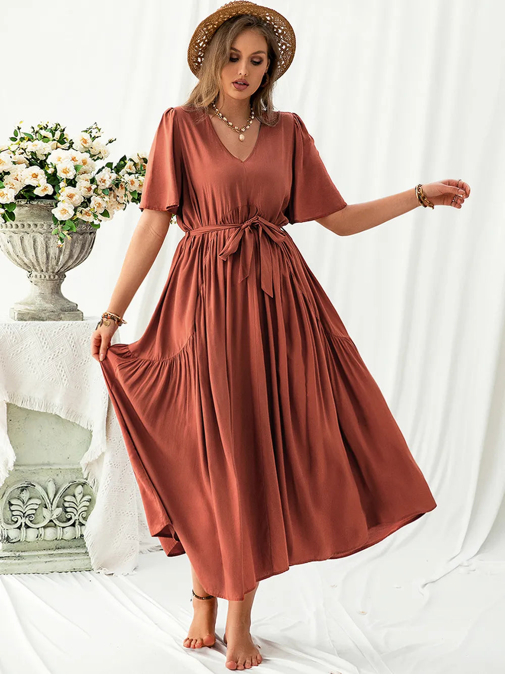 Plus Size V-Neck Flutter Sleeve Midi Dress - LoveNest Treasures