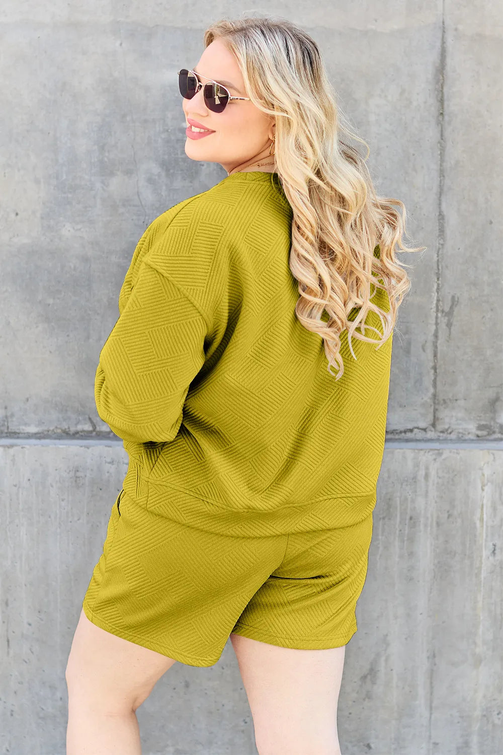 Double Take Full Size Texture Long Sleeve Top and Drawstring Shorts Set - LoveNest Treasures