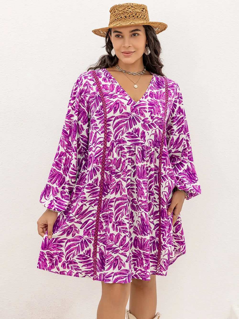 Plus Size Printed V-Neck Balloon Sleeve Mini Dress - LoveNest Treasures