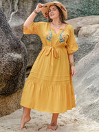 Plus Size Notched Tie Waist Half Sleeve Midi Dress - LoveNest Treasures