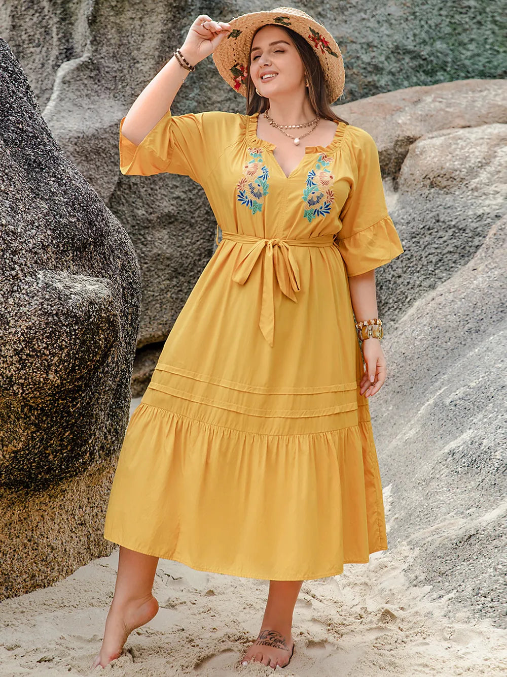 Plus Size Notched Tie Waist Half Sleeve Midi Dress - LoveNest Treasures