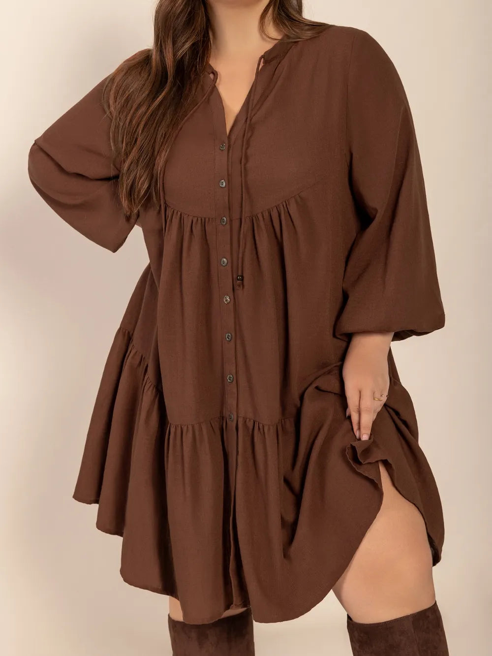 Plus Size Tie Neck Balloon Sleeve Tiered Dress - LoveNest Treasures