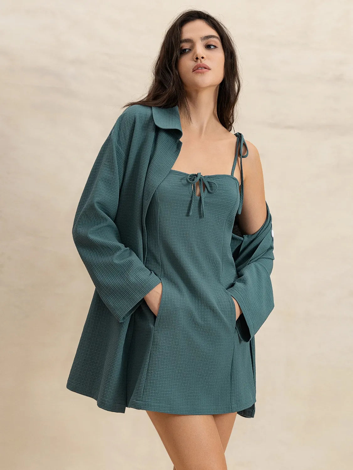 Tie Shoulder Mini Dress and Long Sleeve Top Set - LoveNest Treasures