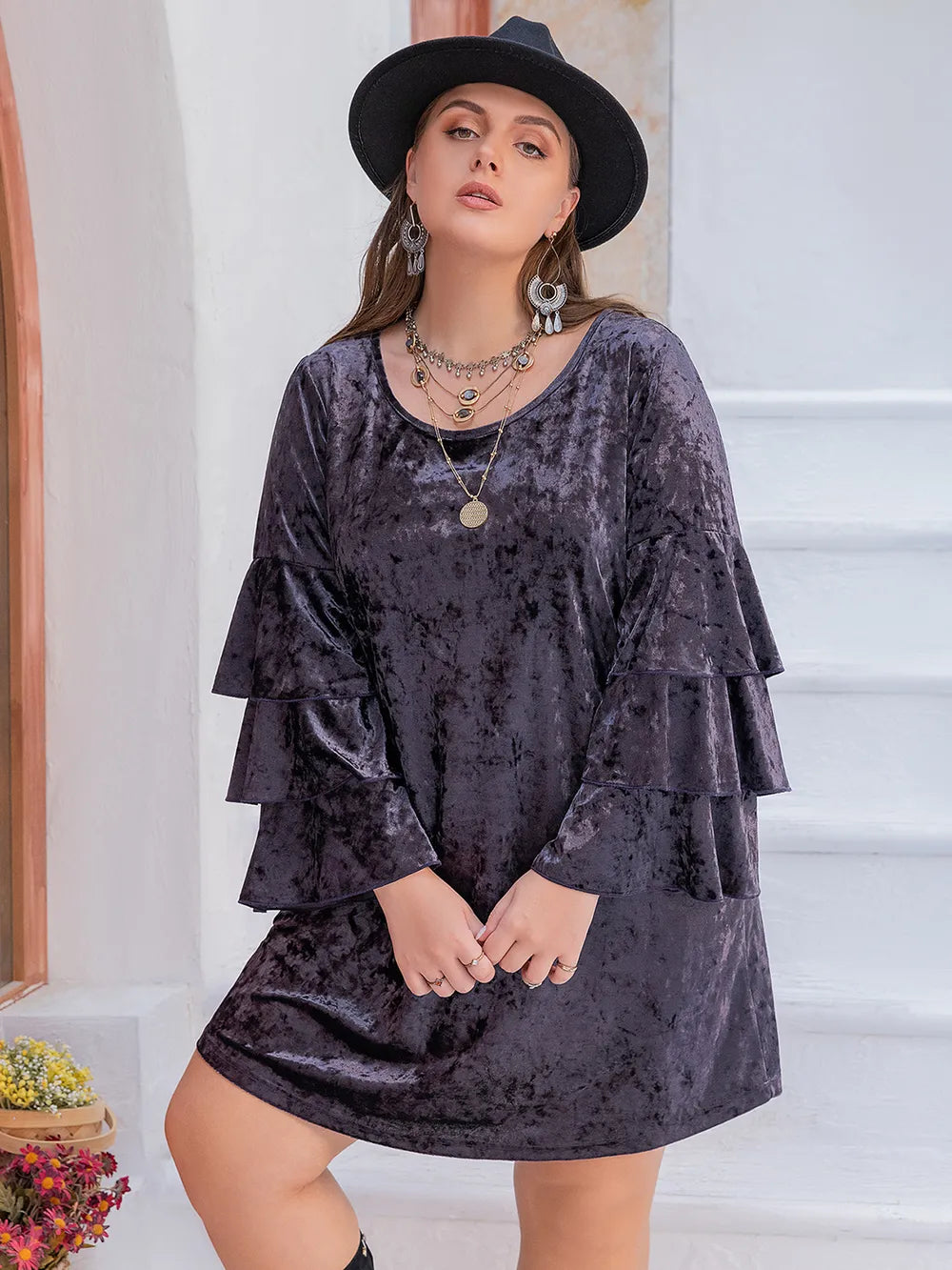 Plus Size Round Neck Flounce Sleeve Mini Dress - LoveNest Treasures