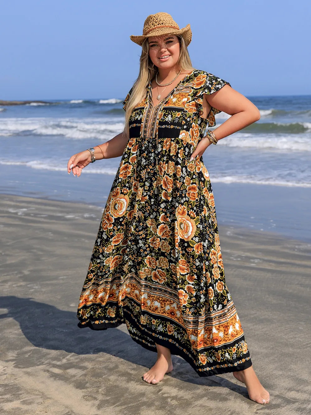 Plus Size Printed V-Neck Ruffle Cap Sleeve Maxi Dress - LoveNest Treasures