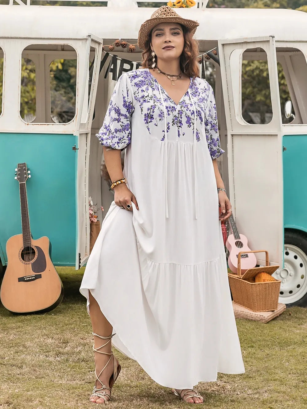 Plus Size Printed Tie Neck Half Sleeve Maxi Dress - LoveNest Treasures
