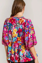 Umgee Full Size Floral Print Tie Neck Peplum Blouse Plus Size - LoveNest Treasures