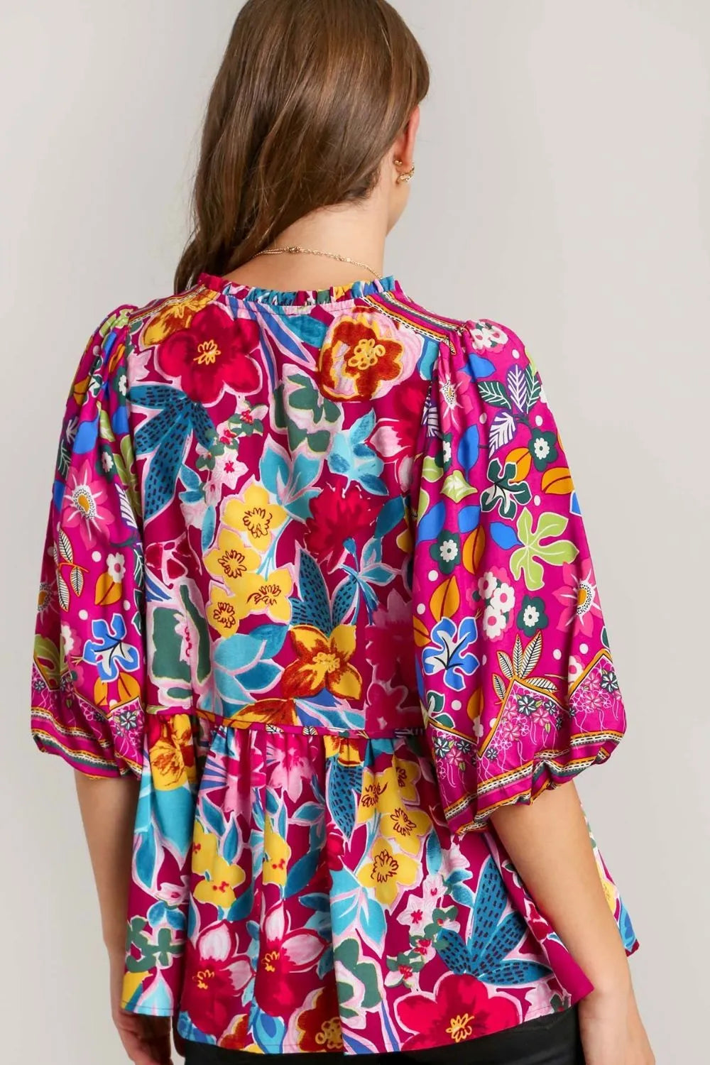 Umgee Full Size Floral Print Tie Neck Peplum Blouse Plus Size - LoveNest Treasures