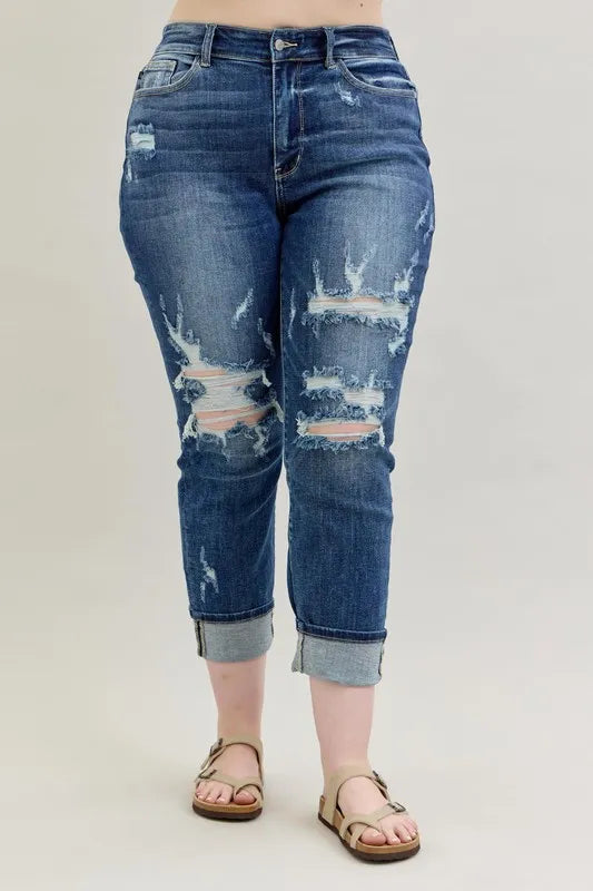 Judy Blue Full Size Mid Rise Cuffed Destroy Bf Jeans Plus Size - LoveNest Treasures