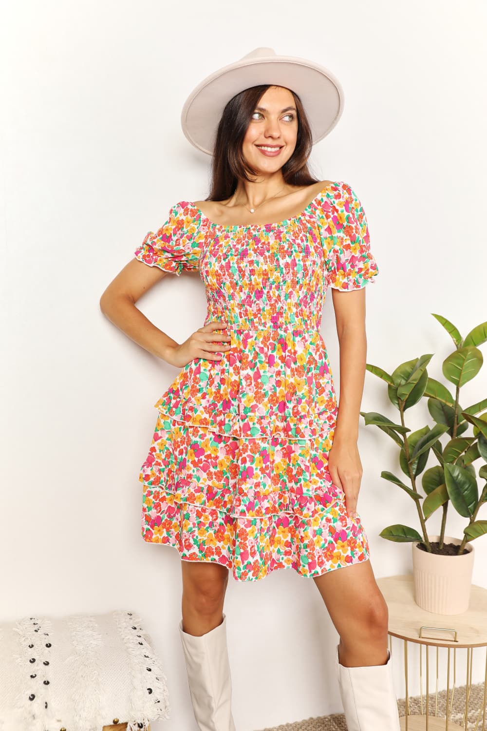 Devine Smocked Sweetheart Neck Flounce Sleeve Mini Dress - LoveNest Treasures