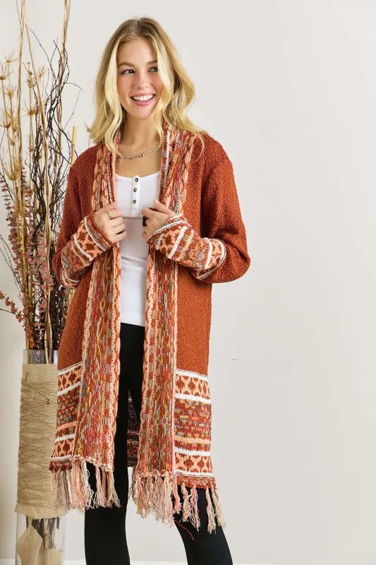 ADORA Full Size Fringe Hem Aztec Border Cardigan Plus Size - LoveNest Treasures