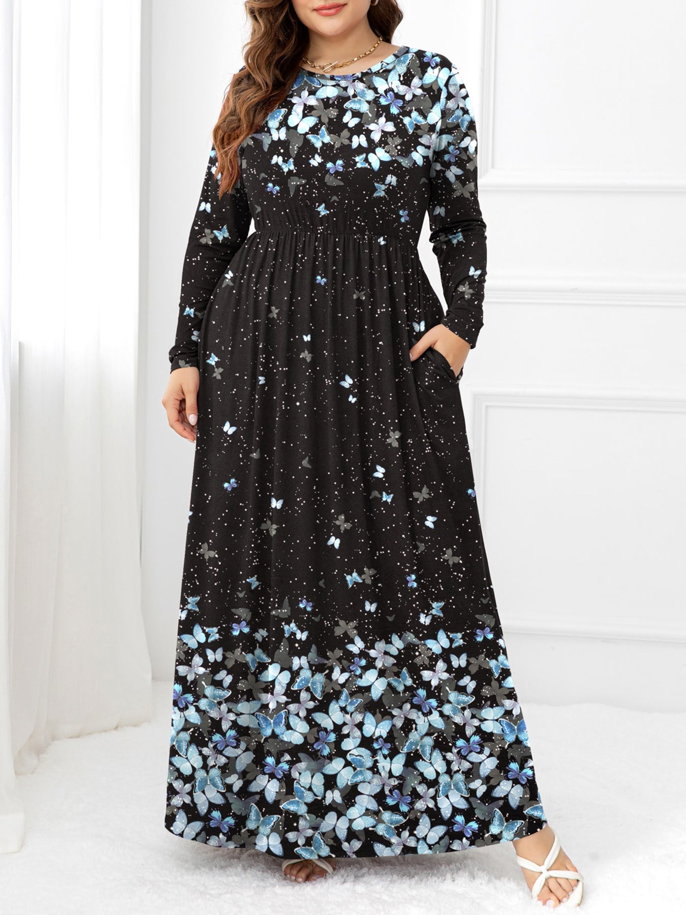Plus Size Round Neck Maxi Dress with Pockets - LoveNest Treasures