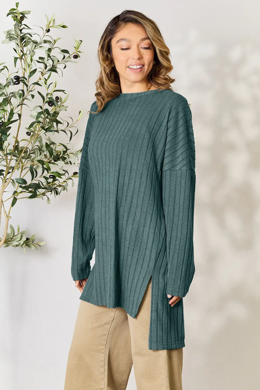 Basic Bae Full Size Ribbed Round Neck Long Sleeve Slit Top - LoveNest Treasures