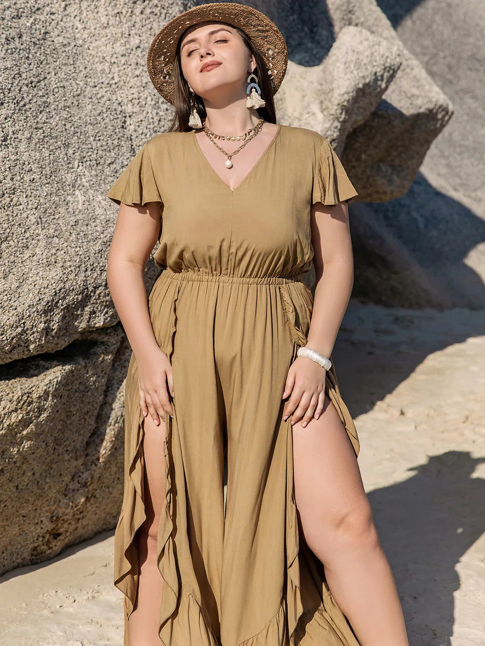 Plus Size Slit Ruffled V-Neck Jumpsuit - LoveNest Treasures