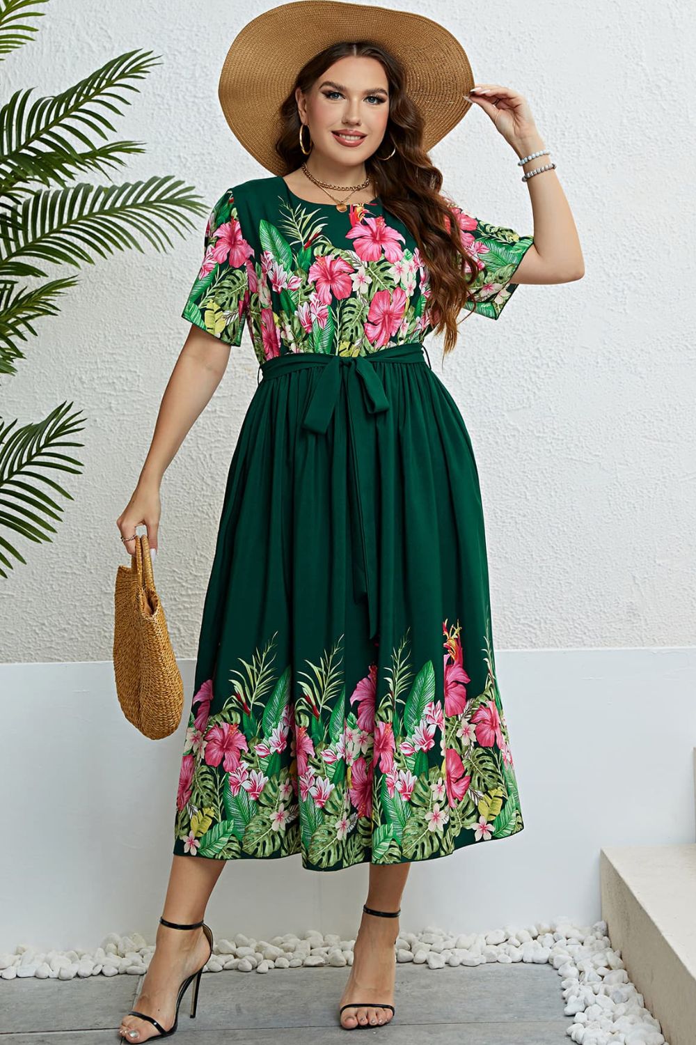 Honey Floral Tie-Waist Round Neck Dress - LoveNest Treasures