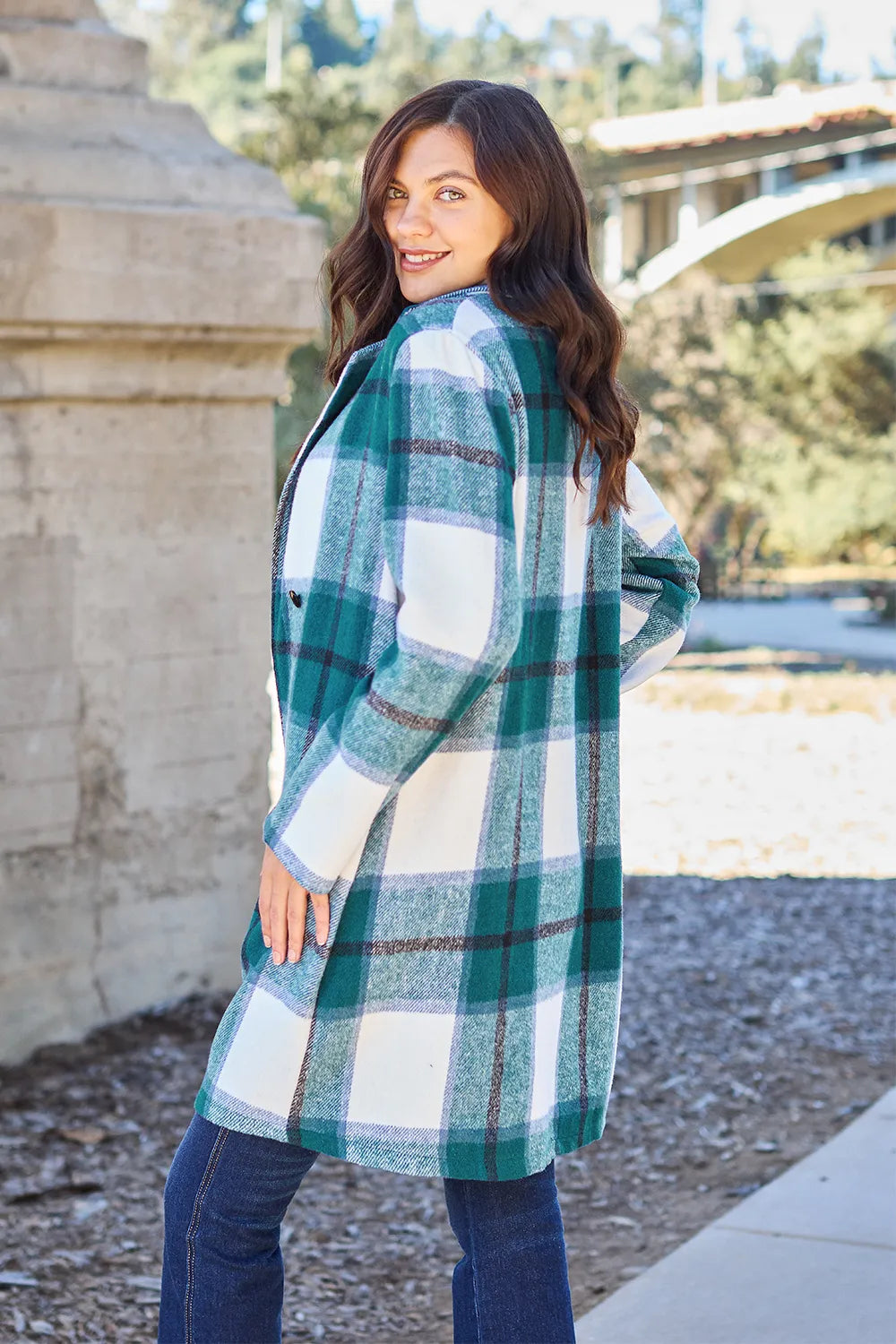Double Take Full Size Plaid Button Up Lapel Collar Coat - LoveNest Treasures