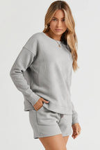 Double Take Full Size Texture Long Sleeve Top and Drawstring Shorts Set - LoveNest Treasures