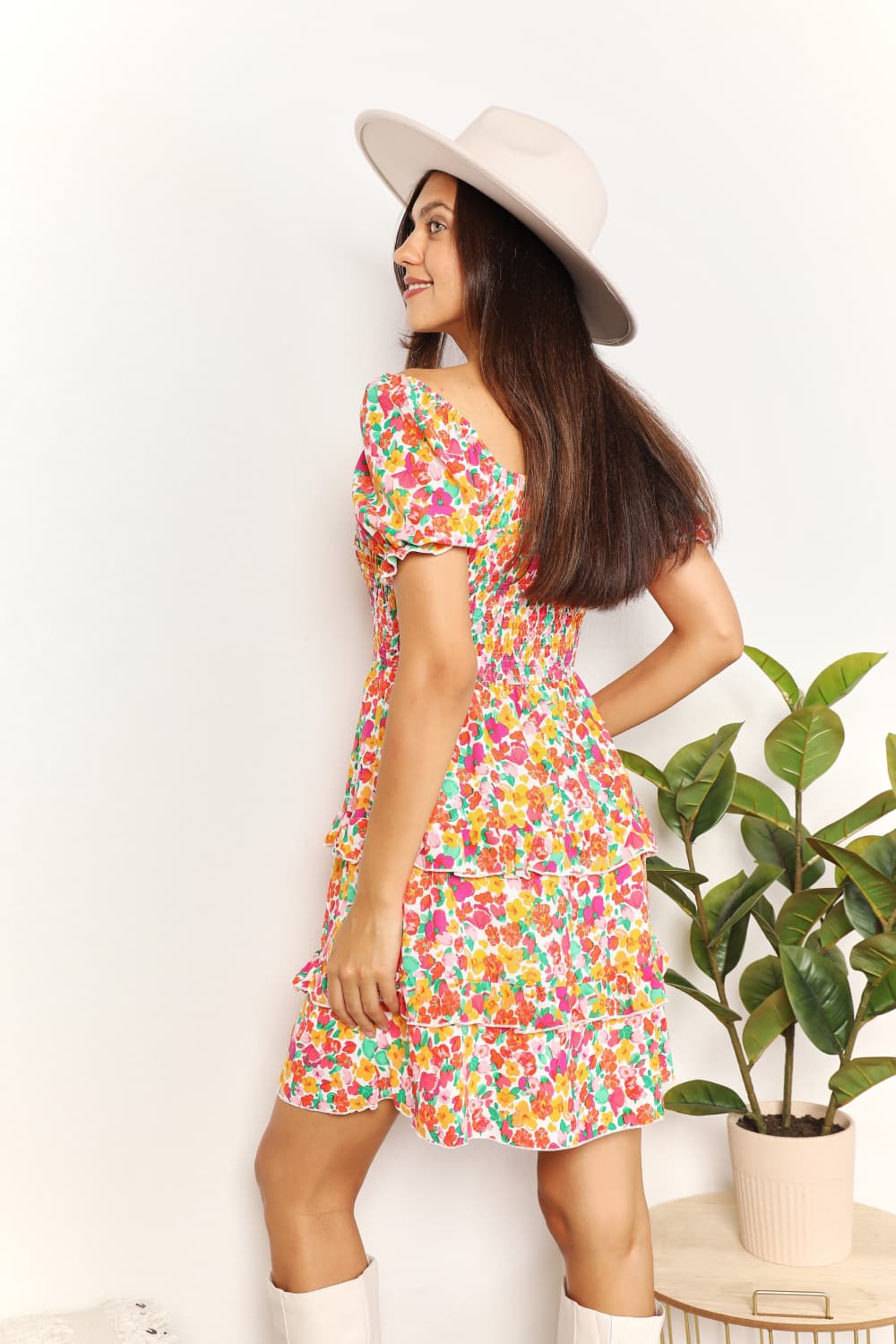 Devine Smocked Sweetheart Neck Flounce Sleeve Mini Dress - LoveNest Treasures