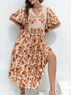 Plus Size Printed Tie Neck Half Sleeve Midi Dress - LoveNest Treasures