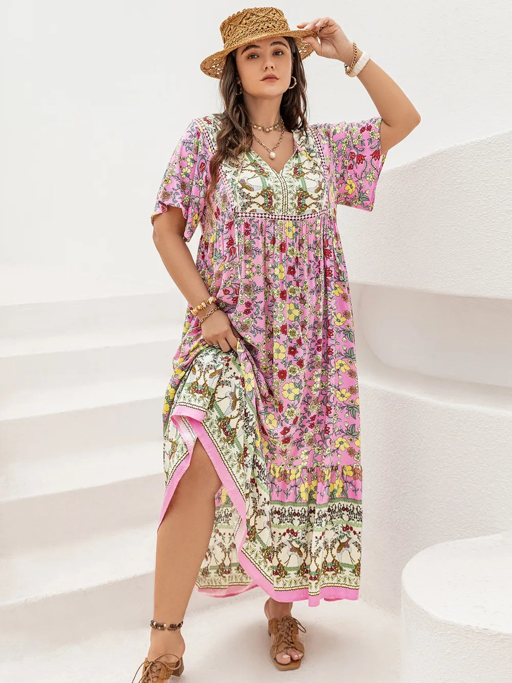 Plus Size Floral Tie Neck Flutter Sleeve Maxi Dress - LoveNest Treasures