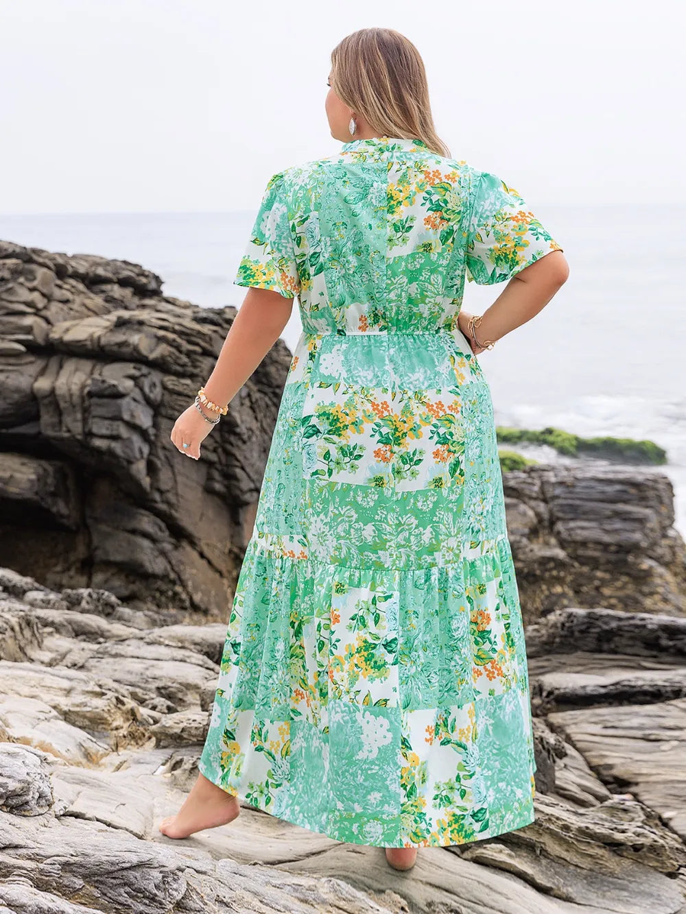 Plus Size Printed Notched Short Sleeve Maxi Dress - LoveNest Treasures