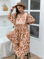 Plus Size Printed Tie Neck Half Sleeve Midi Dress - LoveNest Treasures