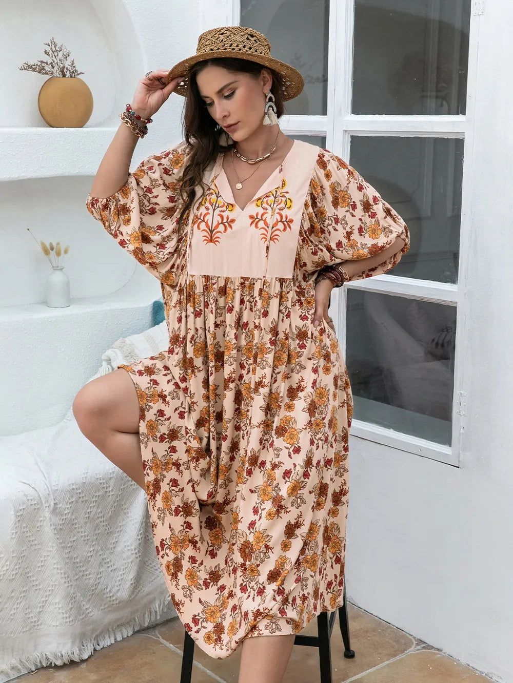 Plus Size Printed Tie Neck Half Sleeve Midi Dress - LoveNest Treasures