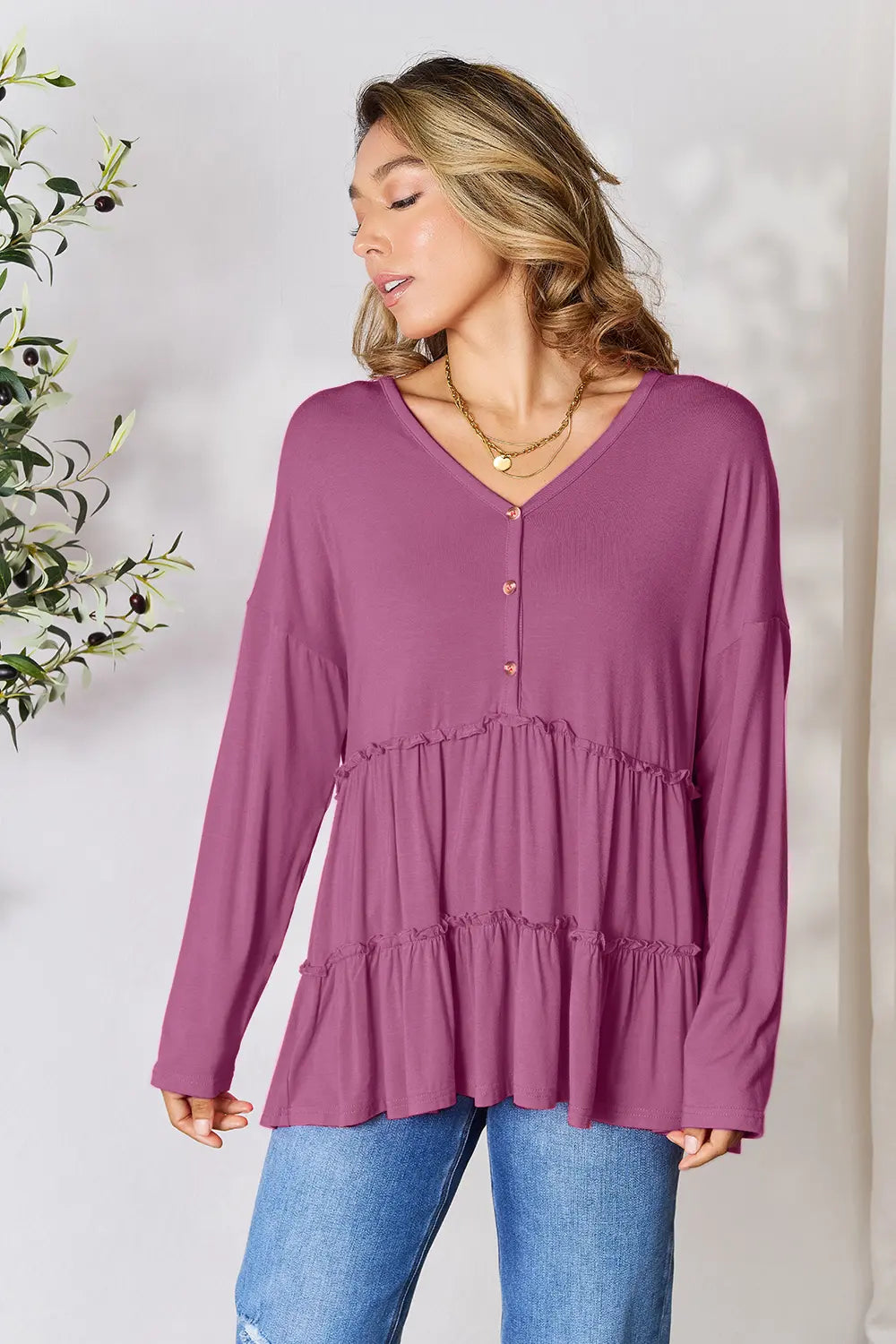 Double Take Half Button Long Sleeve Ruffle Hem Blouse - LoveNest Treasures