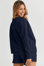 Double Take Full Size Texture Long Sleeve Top and Drawstring Shorts Set - LoveNest Treasures
