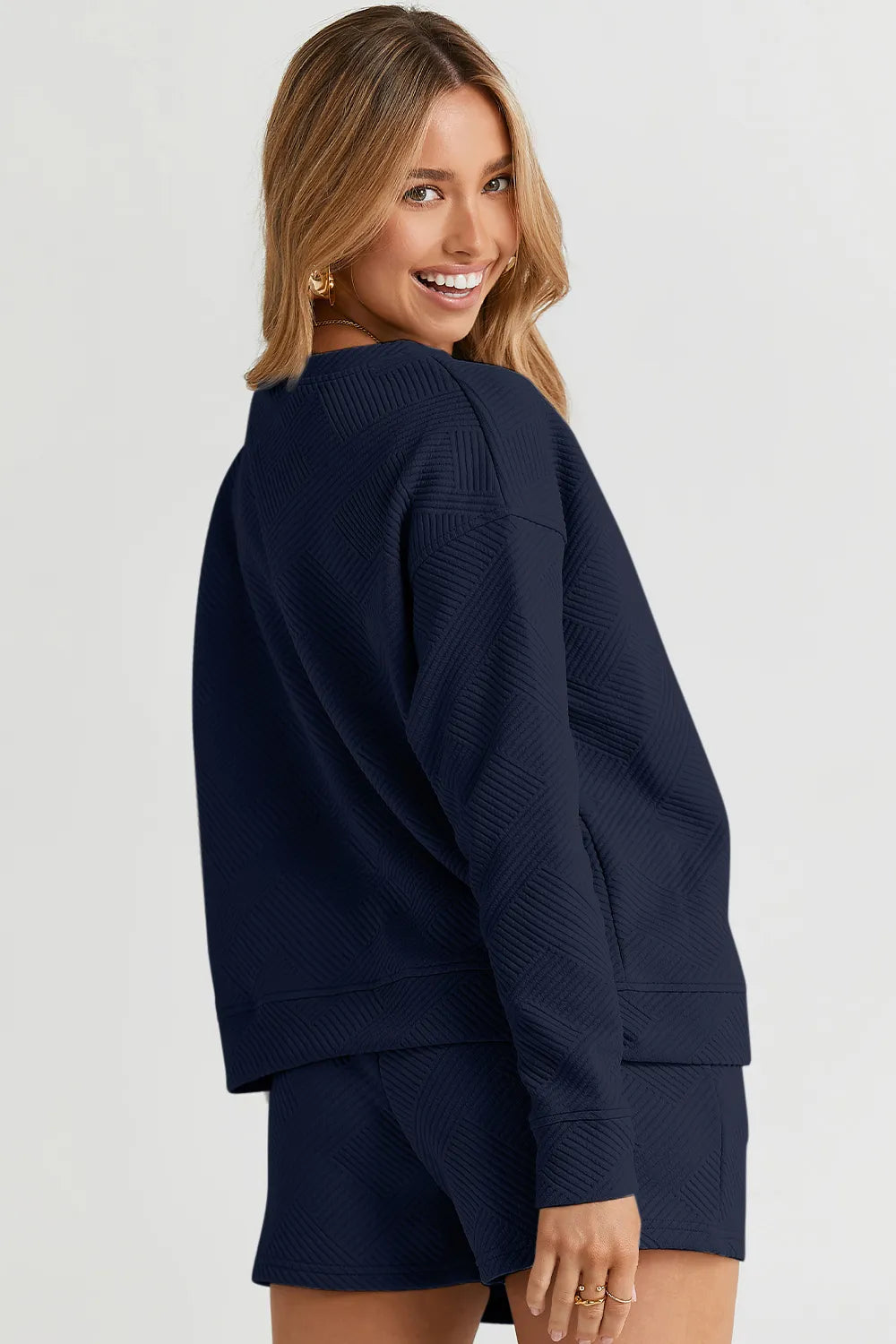 Double Take Full Size Texture Long Sleeve Top and Drawstring Shorts Set - LoveNest Treasures