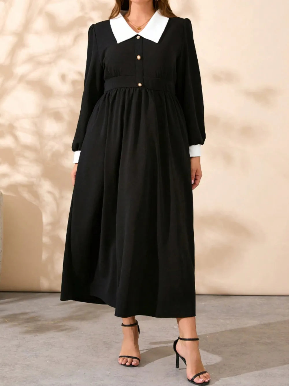 Plus Size Contrast Collared Neck Long Sleeve Midi Dress - LoveNest Treasures