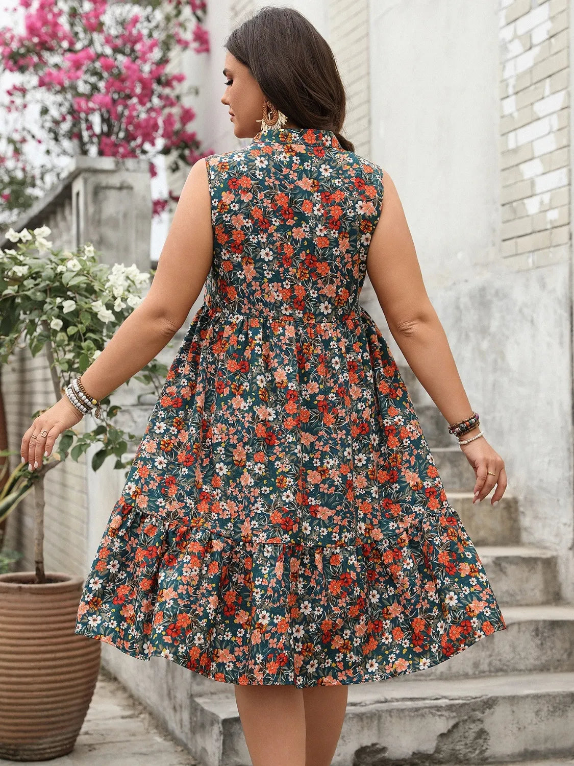 Plus Size Floral Notched Sleeveless Dress - LoveNest Treasures