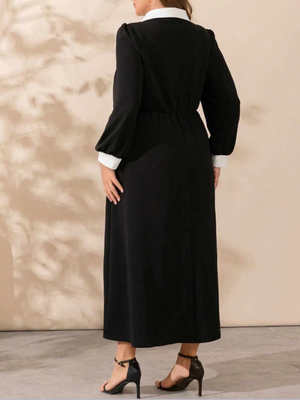 Plus Size Contrast Collared Neck Long Sleeve Midi Dress - LoveNest Treasures