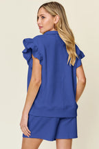 Double Take Full Size Texture Flounce Sleeve Top and Drawstring Shorts Set - LoveNest Treasures