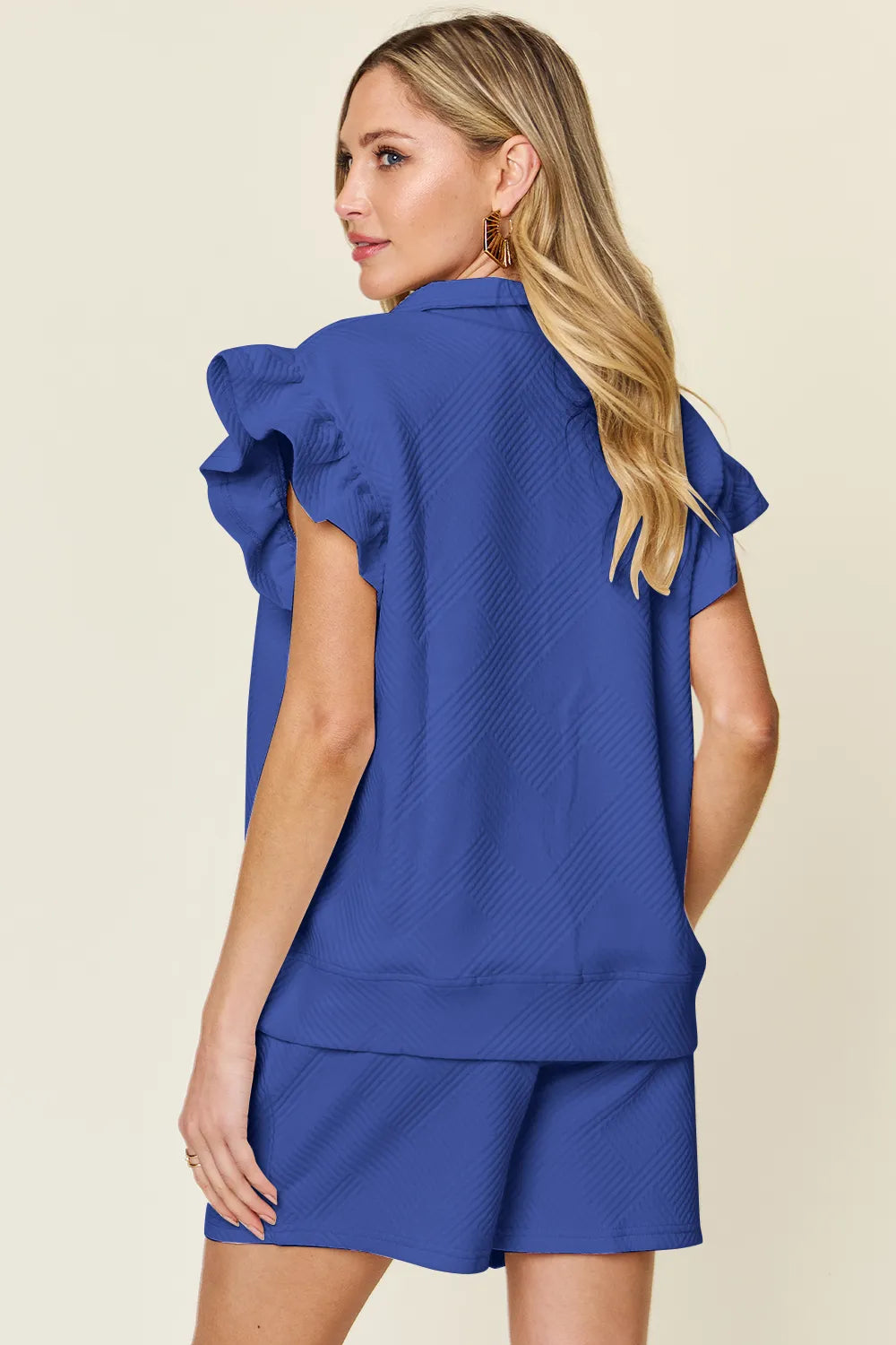 Double Take Full Size Texture Flounce Sleeve Top and Drawstring Shorts Set - LoveNest Treasures