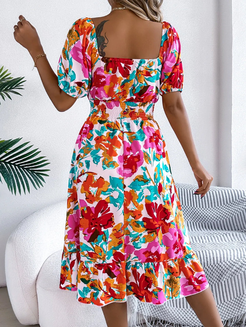 Ruffled Hem Smocked Floral Short Sleeve Midi Dress - LoveNest Treasures