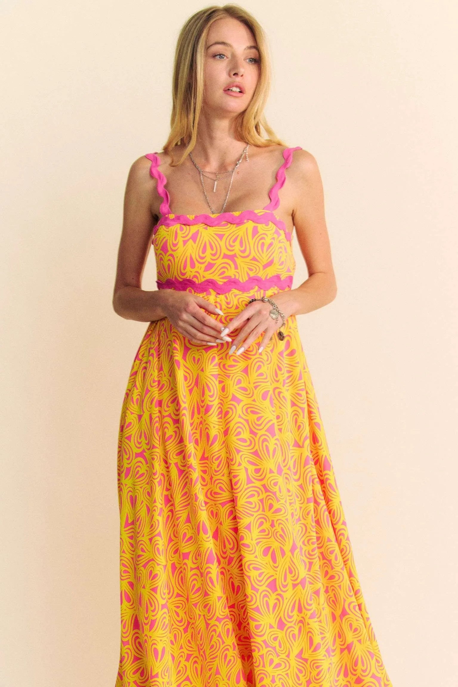 Davi & Dani Geo 2 Tone Printed Wavi Trim Tiered Maxi Dress - LoveNest Treasures