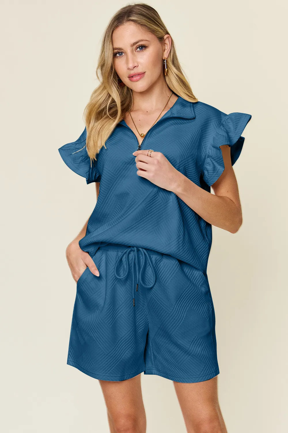 Double Take Full Size Texture Flounce Sleeve Top and Drawstring Shorts Set - LoveNest Treasures
