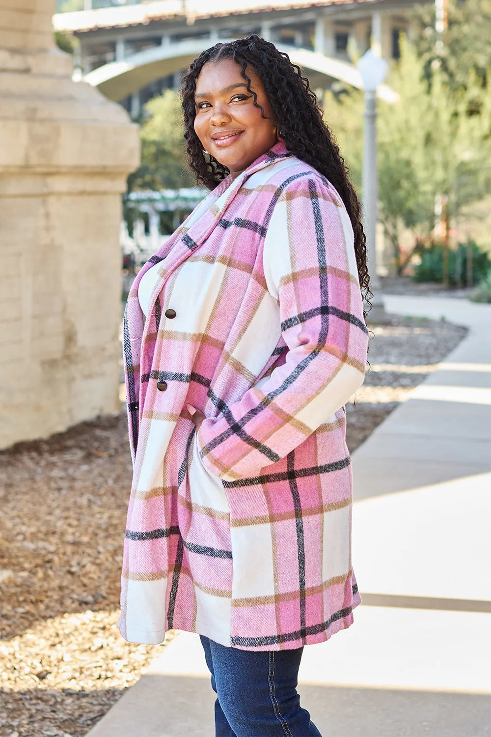 Double Take Full Size Plaid Button Up Lapel Collar Coat - LoveNest Treasures