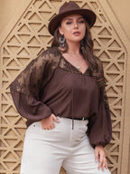 Plus Size Lace Detail Tie Neck Long Sleeve Blouse - LoveNest Treasures