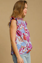 Umgee Full Size Floral Print Ruffled Cap Sleeve Blouse Plus Size - LoveNest Treasures