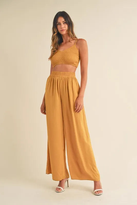 MABLE Smocked Bralette Crop Top and Wide Leg Pants Set - LoveNest Treasures