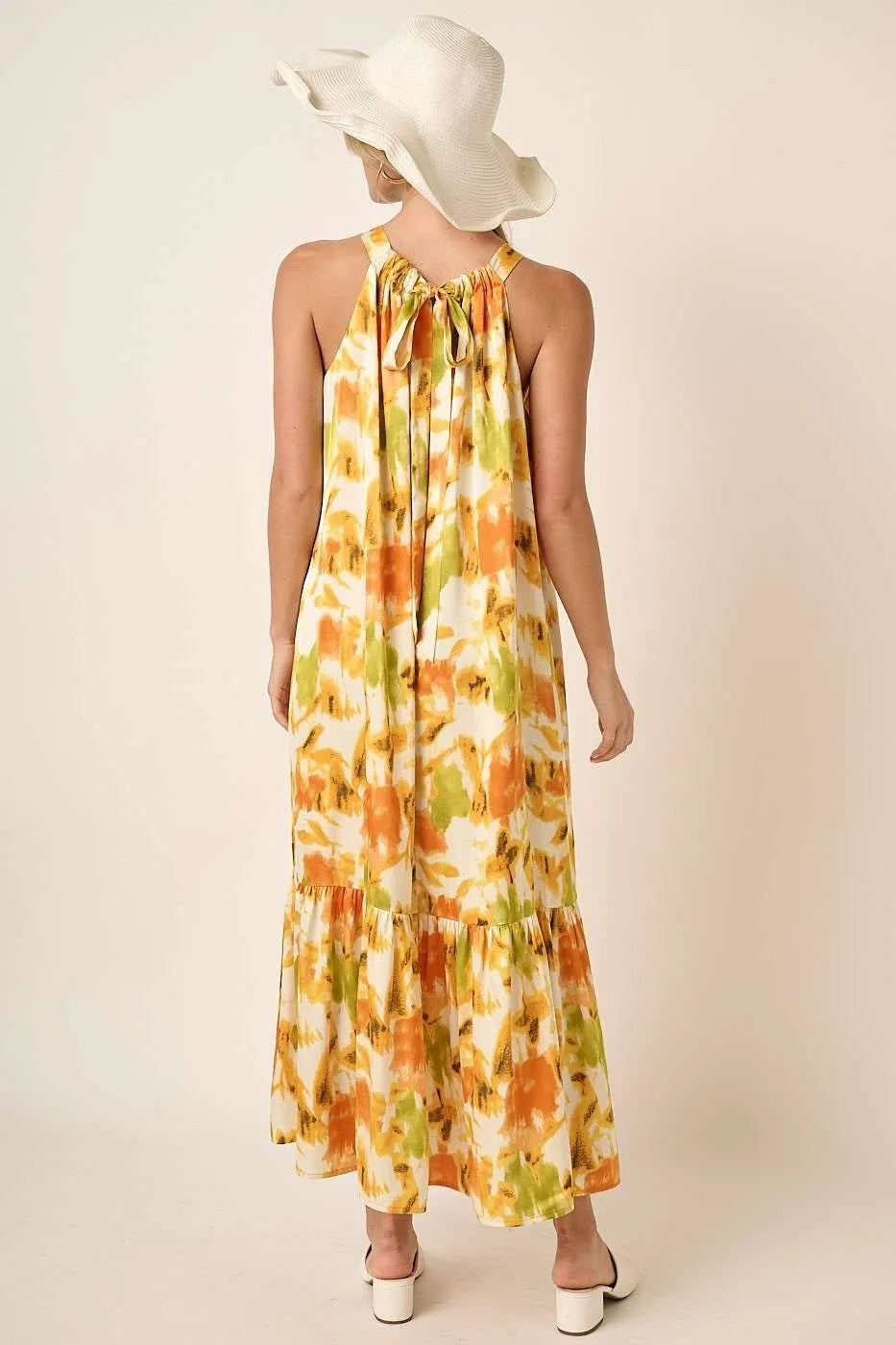 Mittoshop Watercolor Print Halter Neck Satin Maxi Dress - LoveNest Treasures