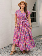 Plus Size Printed V-Neck Flutter Sleeve Tie Waist Maxi Dress - LoveNest Treasures