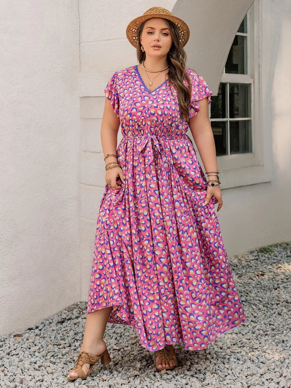 Plus Size Printed V-Neck Flutter Sleeve Tie Waist Maxi Dress - LoveNest Treasures