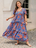 Plus Size Ruffled Printed V-Neck Short Sleeve Maxi Dress - LoveNest Treasures