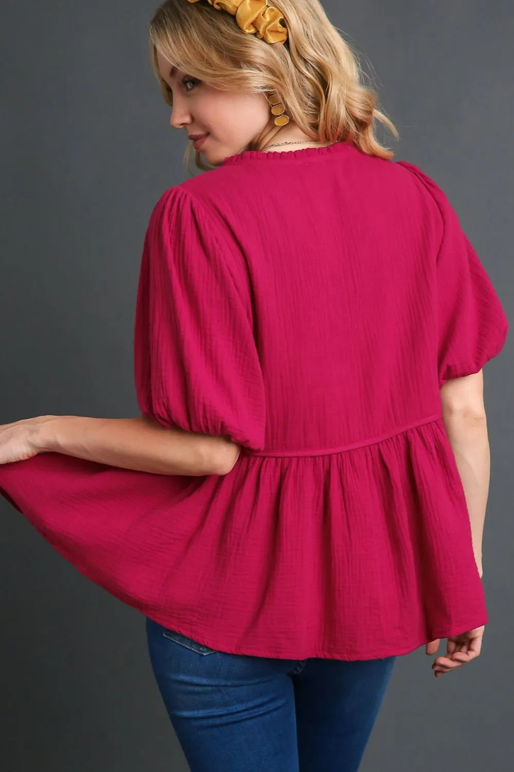 Umgee Full Size Cotton Gauze Floral Embroidery Babydoll Blouse Plus Size - LoveNest Treasures