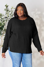 Basic Bae Full Size Ribbed Round Neck Slit Knit Top - LoveNest Treasures